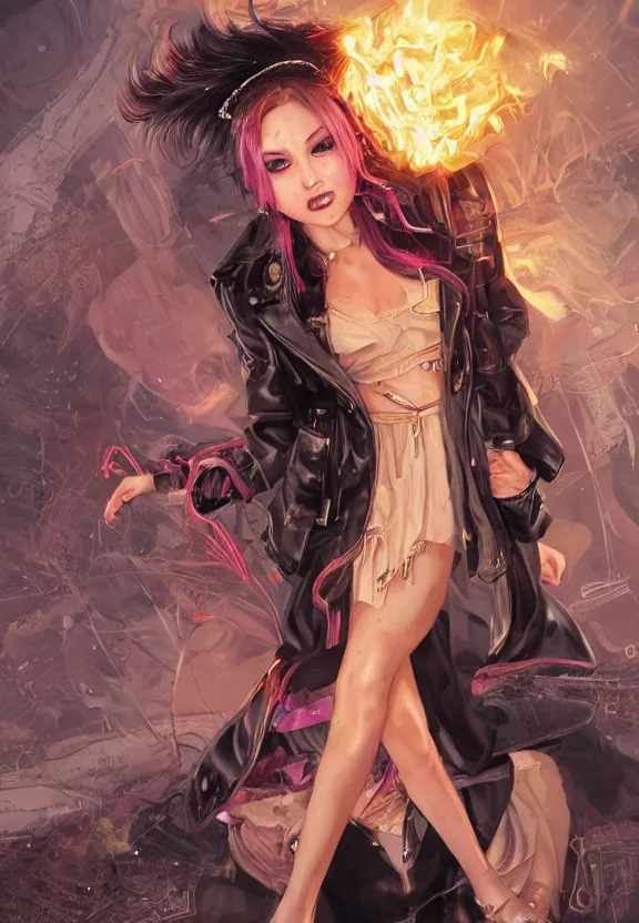 Image similar to full body illustration of a girl with eyes that burn like cigarettes wearing a mini skirt and a long jacket with fingernails that shine like justice, dramatic lighting, photorealistic, full body portrait, detailed anatomy, extreme detail, 4 k, colorful, confident, character concept art by artgerm and ben lo and mucha, octane render, detailed face, f / 2. 8