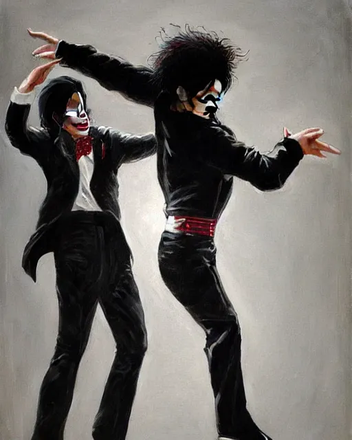 Prompt: Michael Jackson & Michael Mcintyre dancing in front of a crowd,real life skin, intricate, elegant, highly detailed, artstation, concept art, smooth, sharp focus, art by artgerm and greg rutkowski and alphonse mucha