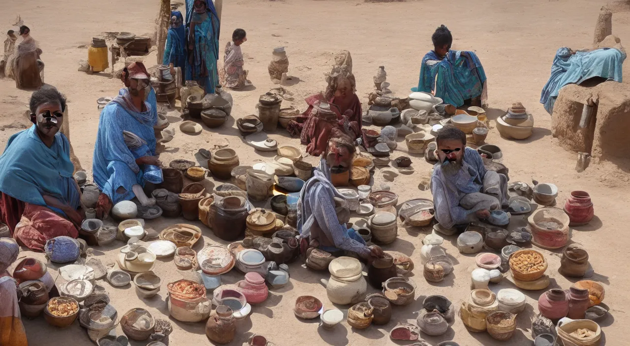 Image similar to A desert shopkeeper selling canteens