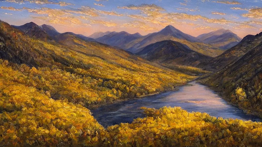 Prompt: The most beautiful panoramic landscape, oil painting, where the mountains are towering over the valley below their peaks shrouded in mist, the sun is just peeking over the horizon producing an awesome flare and the sky is ablaze with warm colors, lots of birds and stratus clouds. The river is winding its way through the valley and the trees are starting to turn yellow and red, by Greg Rutkowski