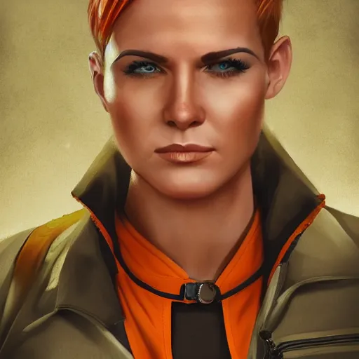 Image similar to character concept art of heroic stoic emotionless butch blond handsome woman engineer with very short slicked - back butch hair, narrow eyes, wearing atompunk jumpsuit, orange safety vest, retrofuture, highly detailed, science fiction, illustration, oil painting, realistic, lifelike, pulp sci fi, cinematic