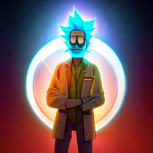 Prompt: portrait of old rick sanchez, lab coat and tee shirt, lens flare, atmosphere, glow, detailed, intricate, full of colour, cinematic lighting, 4 k, hyperrealistic, focused, extreme details, cinematic, masterpiece