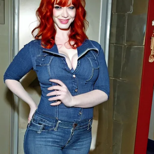 Prompt: christina hendricks with jorts,