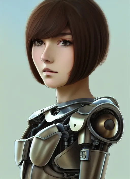 Prompt: young mysterious girl with hazelnut hair in a bob haircut with side swept bangs, perfectly proportioned face, brown eyes, strong jawline, natural lighting, path traced, highly detailed, high quality, cartoon, digital painting, by new haicheng and studio ghibli and alphonse mucha wearing an cyborg space armor designed by h. r. giger and neill blomkamp