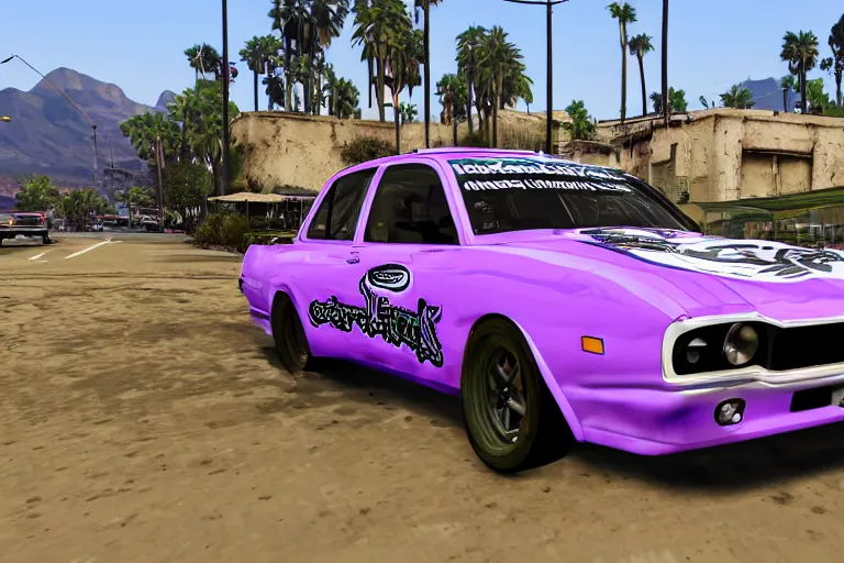 Image similar to purple and green wrc snakeoil livery rally car, gta 5 stylized, official fanart by jesper ejsing, by wlop, frank frazetta and r. crumb