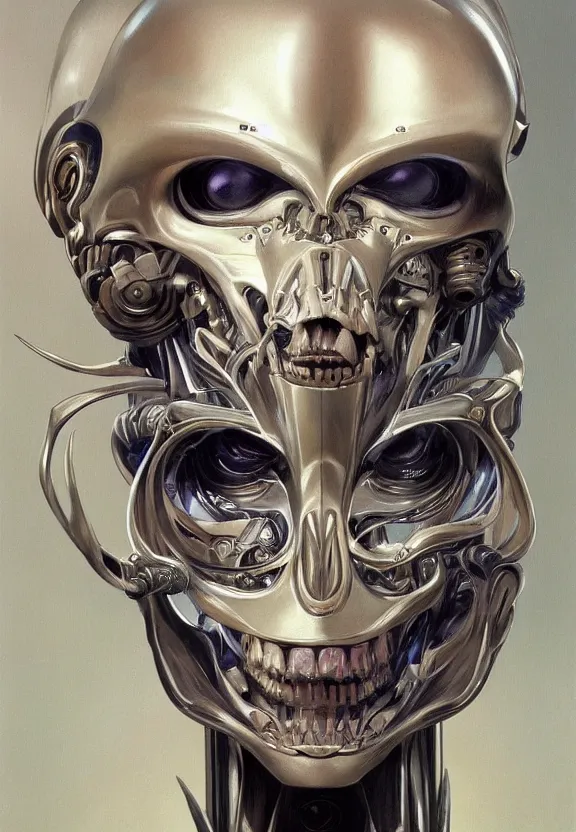 Prompt: perfectly centered portrait, front view of a beautiful biomechanical android alien robot skull, female, flowing hair, intense stare, sarcastic smile, symmetrical, concept art, intricate detail, volumetric shadows and lighting, realistic oil painting by tim hildebrandt,