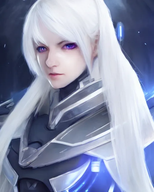 Image similar to perfect white haired girl, warframe armor, beautiful, dreamy, half asian, pretty face, blue eyes, detailed, scifi platform, laboratory, experiment, 4 k, ultra realistic, epic lighting, cinematic, high detail, masterpiece, akihito tsukushi