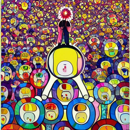 Prompt: a painting of a person standing on top of a hill, an album cover by takashi murakami, pixiv contest winner, psychedelic art, concert poster, poster art, official art