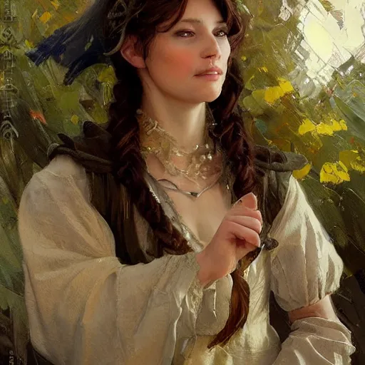 Prompt: dainty renaissance merchant's daughter wearing 1 4 th century casual clothes, fantasy character portrait by michael garmash, greg rutkowski, gaston bussiere, craig mullins