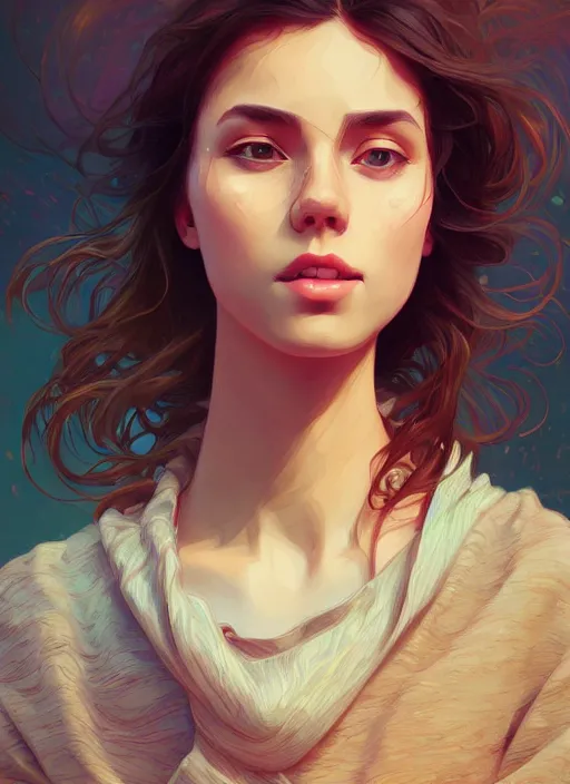 Image similar to handsome young women with shoulder length brown hair, half body shot, path traced, highly detailed, high quality, digital painting, alena aenami, lilia alvarado, shinji aramaki, karol bak, alphonse mucha, tom bagshaw