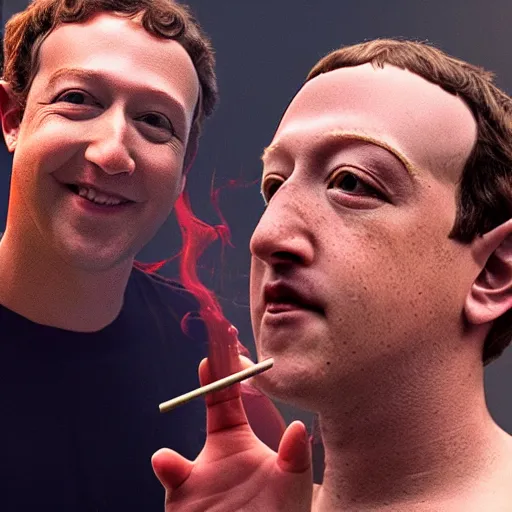 Image similar to selfie of Lucifer smoking weed with mark zuckerberg in hell