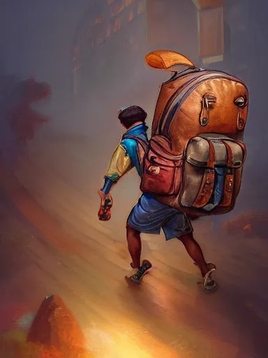 Image similar to a tinker carrying a giant backpack, full of trinkets and stuff heavy backpack. intricate, elegant, highly detailed, digital painting, artstation, concept art, sharp focus, illustration, by justin gerard and artgerm, 8 k