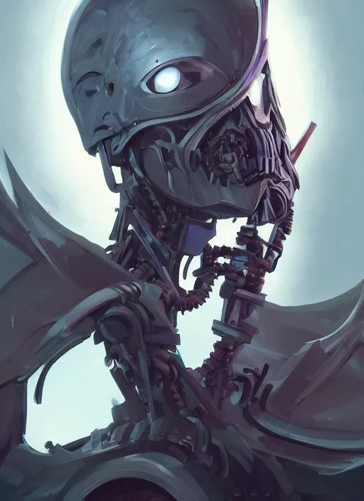 Image similar to anthropomorphic raven cyborg robot swordsman portrait, horror, game design fanart by concept artist gervasio canda, behance hd by jesper ejsing, by rhads, h. r. giger, makoto shinkai and lois van baarle, ilya kuvshinov