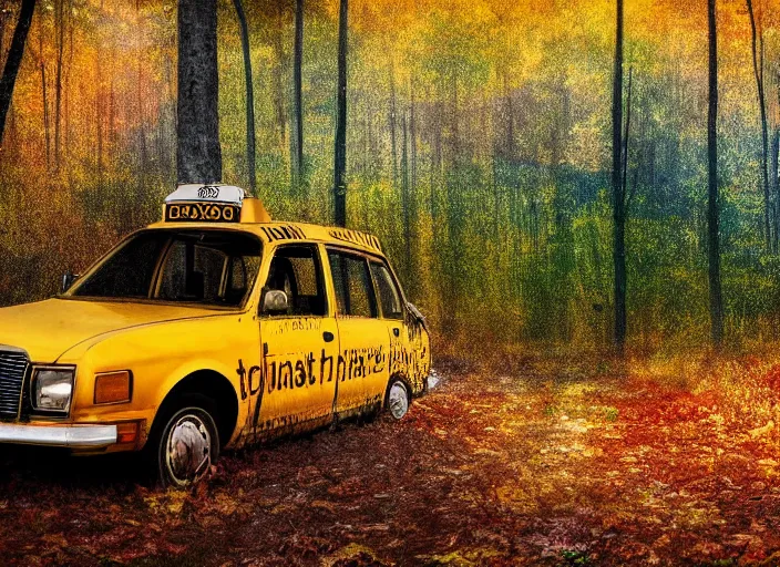 Prompt: Impressionism painting of a an abandoned 1980s taxi car in a forest with falling leaves, dramatic, sunrays