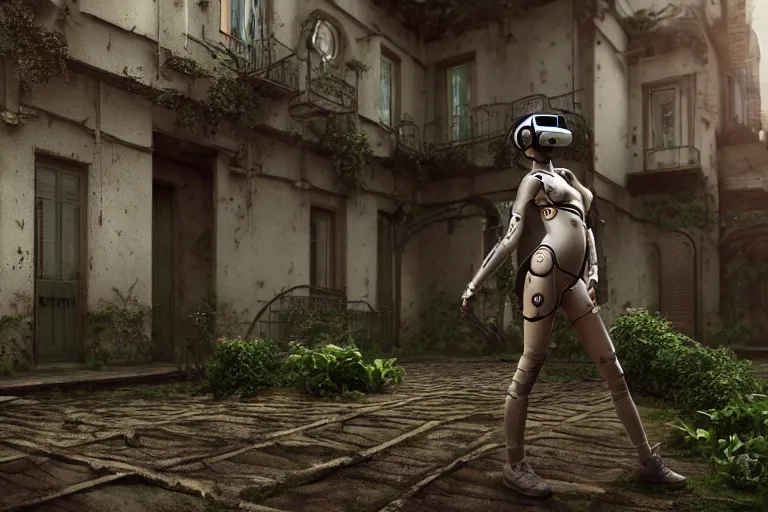 Image similar to Broken cyborg girl with VR helmet on old courtyard with mud and an old playground between two soviet five-storey overgrown with ivy panel houses, high details, cinematic, 8k resolution, beautiful detailed, insanely intricate details, artstation trending, rule of third, octane render, unreal engine