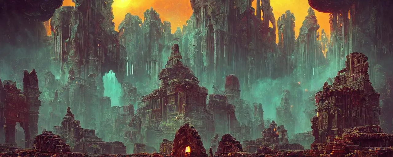 Prompt: ” ancient ruins of an alien cathedral, [ cinematic, detailed, epic, widescreen, opening, establishing, mattepainting, photorealistic, realistic textures, octane render, art by paul lehr ] ”