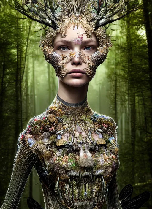 Prompt: a beautiful hyperrealistic ultradetailed 3D, one girl in a magnificent McQueen couture clothes on the background of a futuristic forest, very coherent symmetrical artwork, perfect face,helmet jewelry on the head, Designer clothes, futuristic clothes, clothes from the future, biopunk, voge photo, fashion style, fullbody, in full growth, photorealistic, high resolution, trending on artstation, highly detailed, volumetric lighting, elegant, details, good clear quality, volumetric lighting, Tree roots, portrait, moss