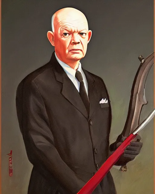 Prompt: a painting of a dwight eisenhower holding a sword, a character portrait by quirizio di giovanni da murano, reddit, antipodeans, ilya kuvshinov, official art, tarot card
