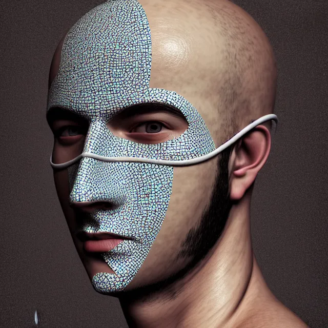 Prompt: a beautiful portrait of a man wearing a mask covered with porcelain tiles in abstract geometric patterns, hyper realism, neural pointillism, octane, cgsociety, 8 k