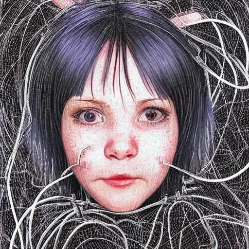 Prompt: beautiful pure evil lain with hundreds of wires coming out of her head, she is in pure bliss, portrait, painting