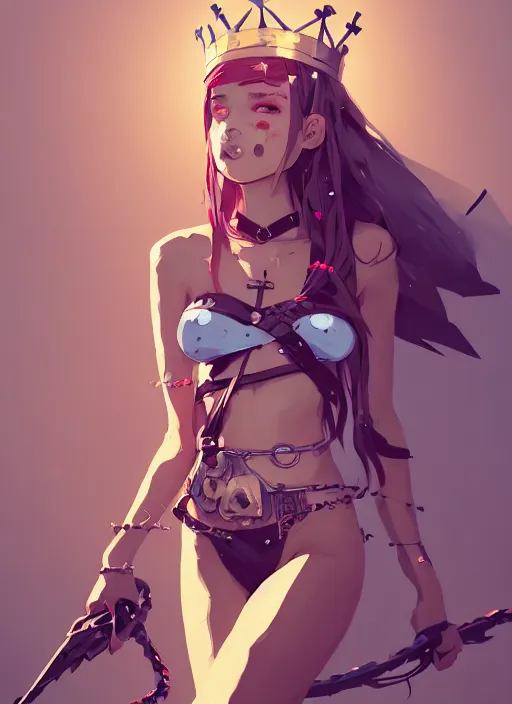 Prompt: portrait of cute maiden girl with crown of thorns, dressed in belts bikini, warhammer, cyberpunk, by atey ghailan, by greg rutkowski, by greg tocchini, by james gilleard, by joe gb fenton, by kaethe butcher, dynamic lighting, gradient light blue, brown, blonde cream and white color in scheme, grunge aesthetic