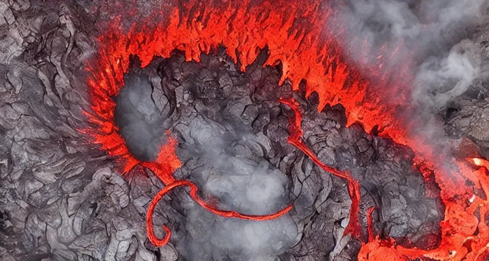 Image similar to a volcano made of ivory vines and crimson rocks enters in eruption, it spits a smoke in the shape of demonic eye, from Cryptid Academia