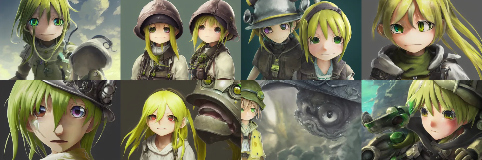 Image similar to made in abyss riko concept art, super detailed face and green eyes, yellow hair, colorful, WLOP, kuvshinov, Tran Ross, trending on artstation, hyperdetailed, Unreal Engine 4k, 8k, ultra HD