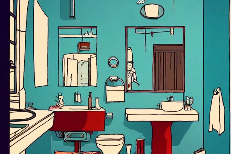 Prompt: modern bathroom, style of studio ghibli + moebius + basquiat, cute,