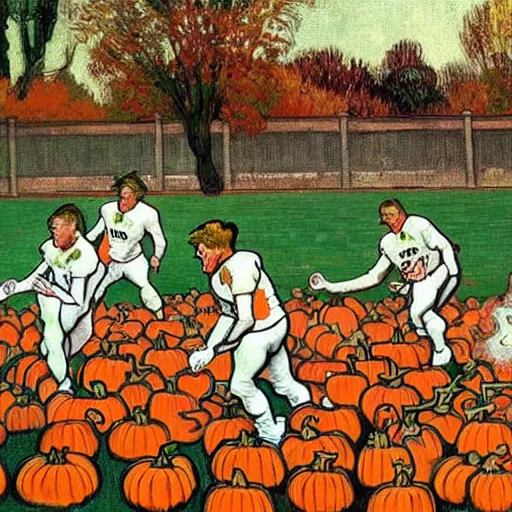 Prompt: painting of arkansas razorbacks playing football with pumpkins at the halloween! party, bubbling cauldron!, candles!, graveyard, gravestones, ghosts, smoke, autumn! colors, elegant, wearing suits!, clothes!, delicate facial features, art by alphonse mucha, vincent van gogh, egon schiele