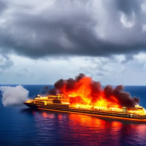 Image similar to cruise ship on fire in the middle of the ocean, with stormy clouds looming in background. scenic, far shot, gorgeous, 4 k