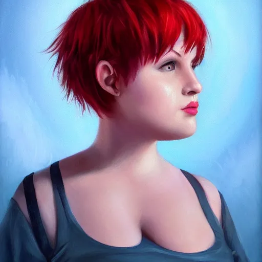 Image similar to beautiful oil painting of a fat woman with a red pixie cut, beautiful eyes, cute fact, volumetric lights, highly detailed, concept art, sharp focus, beautiful face