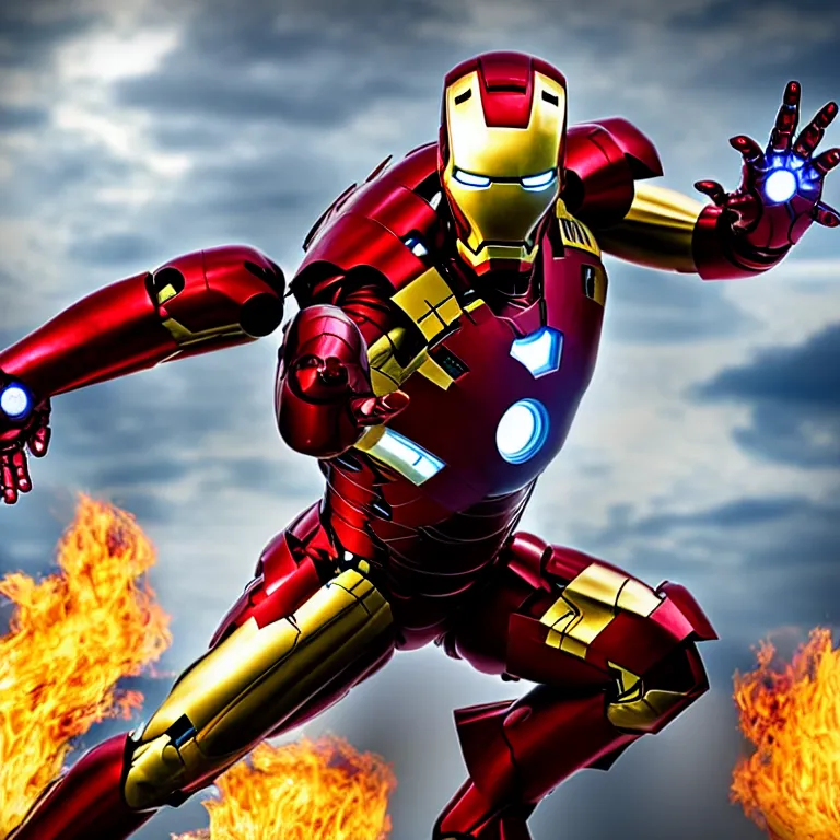 Image similar to iron man with fire behind him, movie still, action flying shot, chrome, shiny, reflective, metallic, 3 d render, realistic, hdr, stan winston studios, dramatic lighting, flame colors bright,