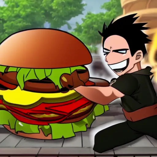 Image similar to a hamburger fighting in a war, anime, fight scene, epic,