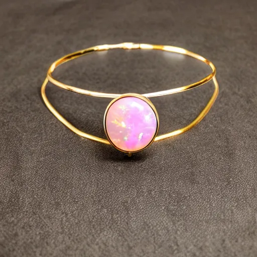 Prompt: 4K Gold collar neckless , Single Center sinister gem opals pink gem, Shungite Bangle, Mineral and Gold Jewelry, Product Photography