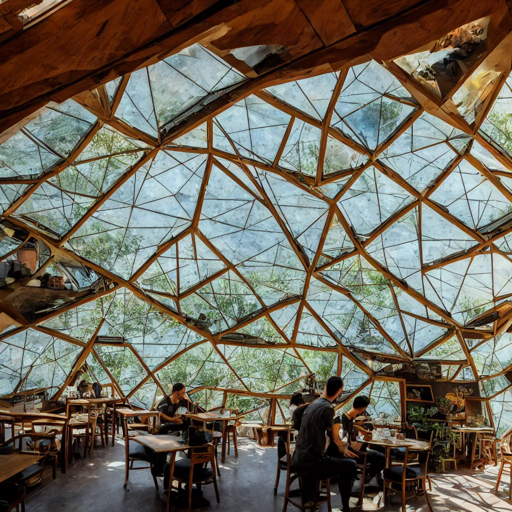 Image similar to inside luxurious earthship cafe with sunken lounge and indoor garden with skylights, friendly barista, and artist painting a geometric mural on the wall, clean and simple composition, golden ratio, rule of thirds, XF IQ4, 150MP, 50mm, F1.4, ISO 200, 1/160s, dawn