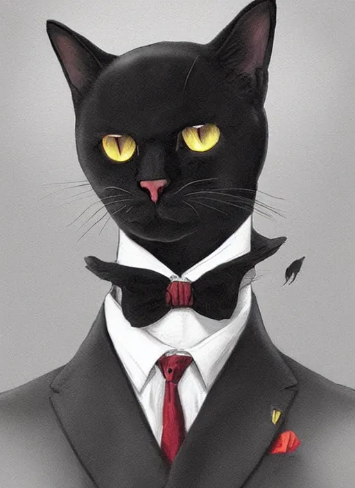 Prompt: portrait of a serious and intelligent black cat!! scholar!!! in a retro!!! suit, digital art by artgerm and greg rutkowski