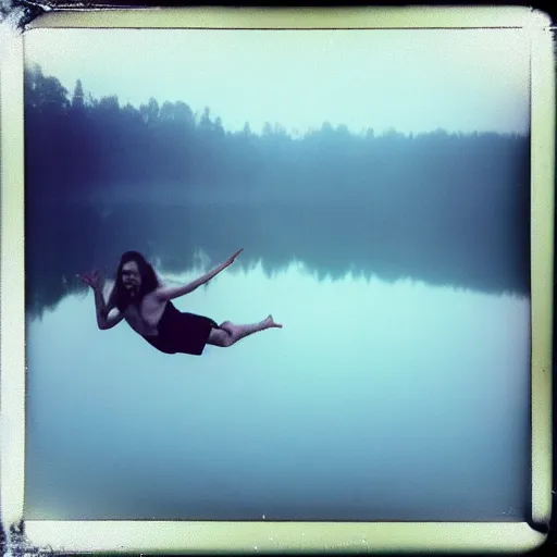 Image similar to semi translucent smiling @frog@ floating over misty lake in Jesus Christ pose, polaroid photography by Andrei Tarkovsky, paranormal, spiritual, mystical