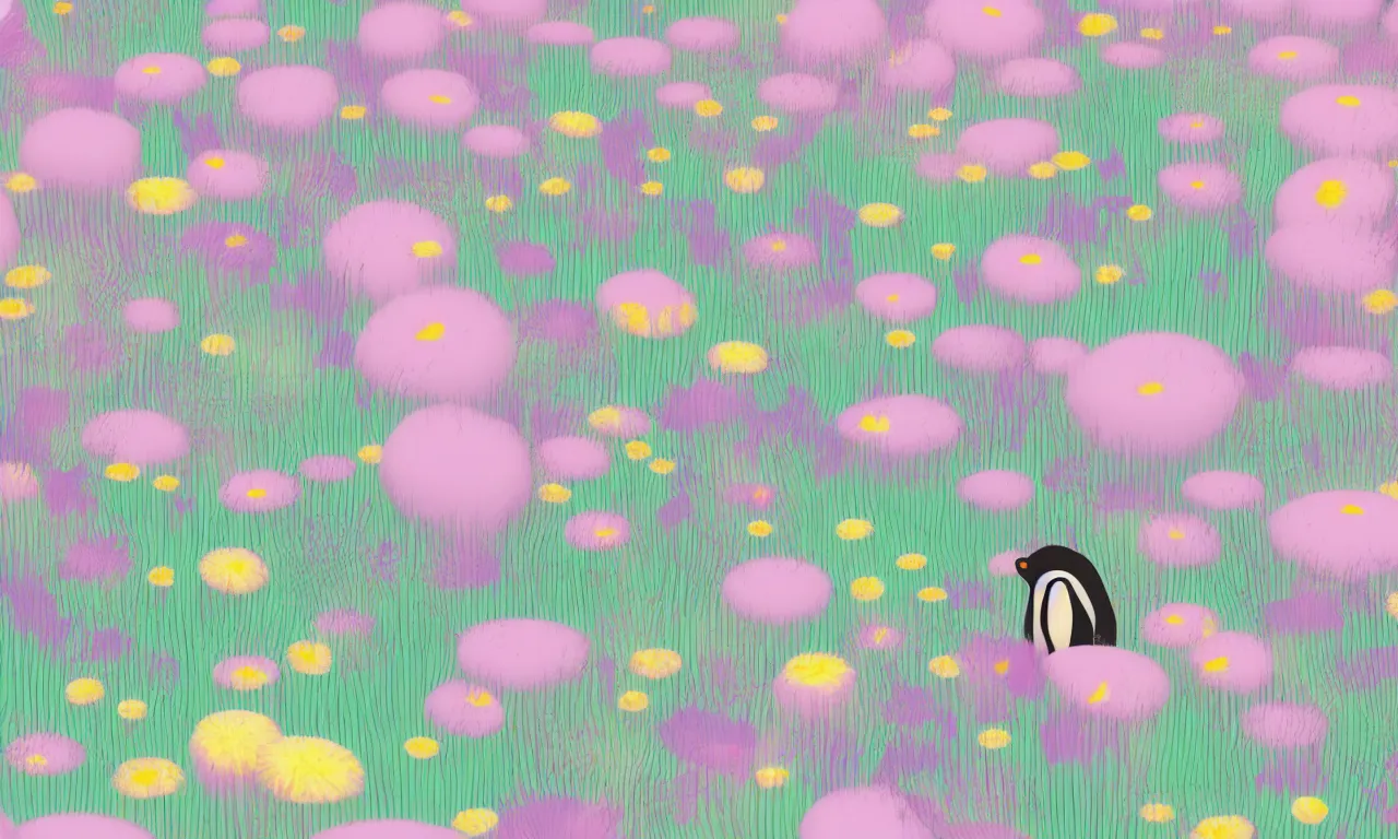 Image similar to penguines, meadow flowers, pastel colors, nordic noire, cityscape, digital art, 3 d illustration