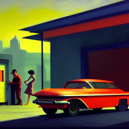 Prompt: a cinematic matte painting of a boxy 1 9 6 0 s retro - futurism sci - fi car with solar panels on roof and doors in a cluttered garage in mumbai. by edward hopper, glennray tutor and greg rutkowski. trending on artstation.