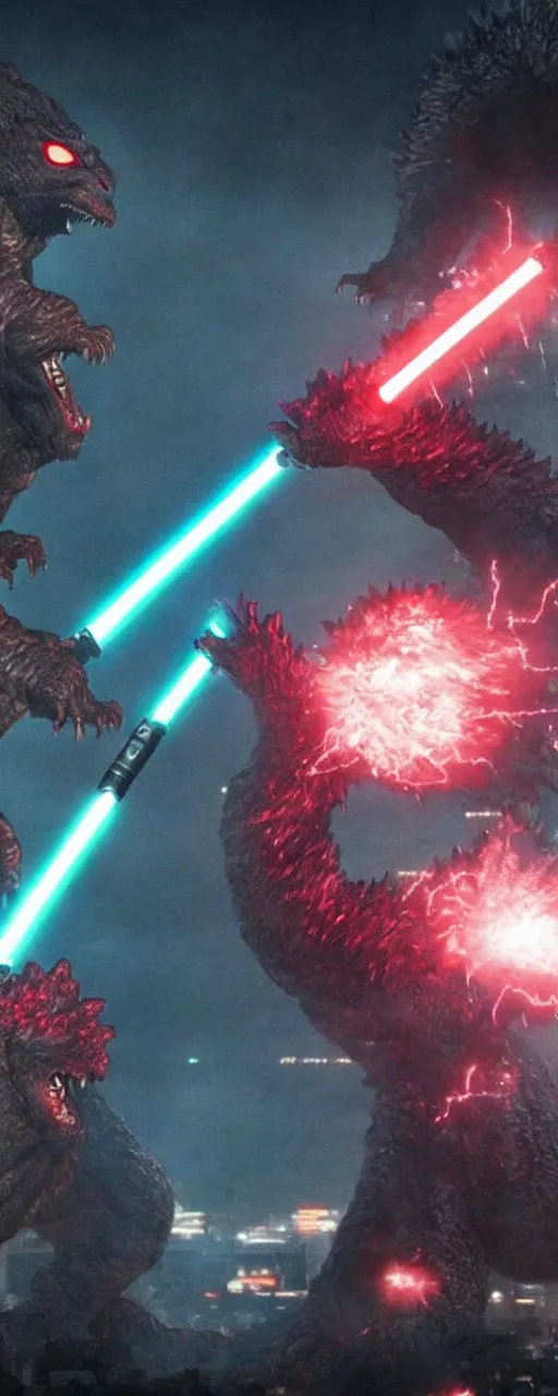 Prompt: Ryu with a lightsaber battling godzilla in neo-tokyo, shot by michael bay, 4k, futuristic, cinematography