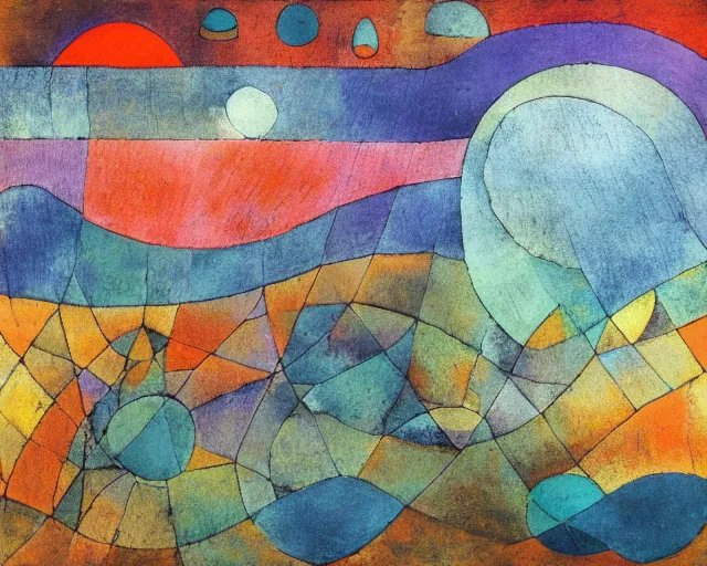 Image similar to Waves in the ocean. Sci-fi dreamworld. LSD. DMT. Paul Klee.