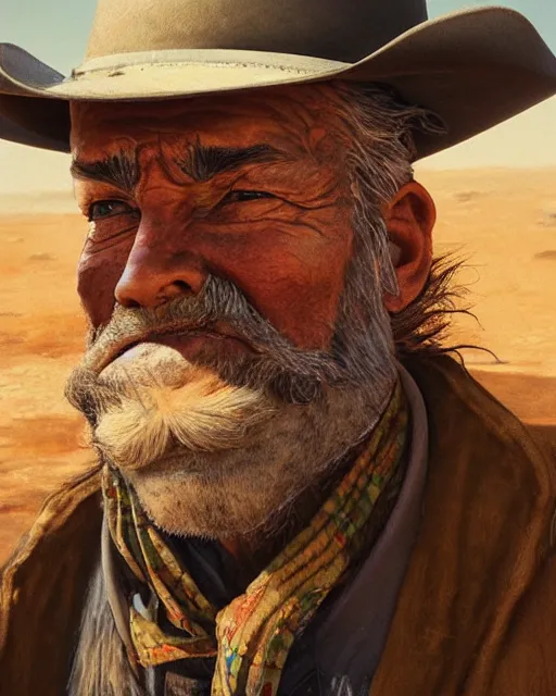 Prompt: a film still extreme close - up shot of an old cowboy outlaw in a desert by esao andrews. vibrant. trending on artstation