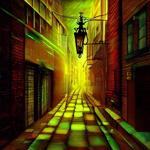 Image similar to Happiness in a dark city alley, digital art