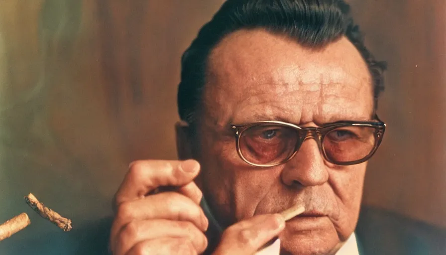 Prompt: 60s movie still close-up portrait of Josip Broz Tito in a armchair smoking cigar, cinestill 800t 120mm eastmancolor, cinematic, very detailed, skin texture, high quality