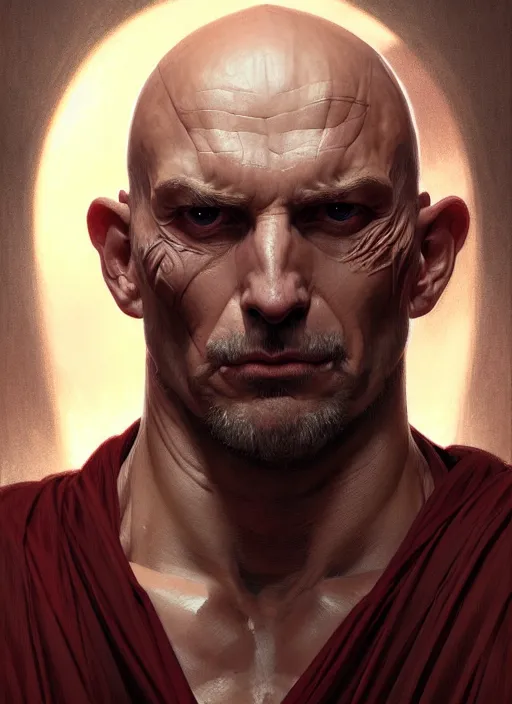 Image similar to Portrait of a man, bald, scarred! Sith, muscular, robes! intricate, elegant, highly detailed, digital painting, artstation, concept art, smooth, sharp focus, illustration, art by artgerm and greg rutkowski and alphonse mucha