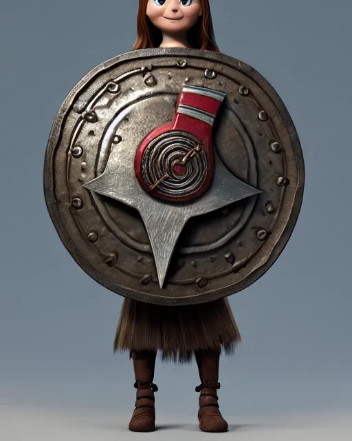 Image similar to a toy of a viking girl with her shield raised to defend, pixar style, authentic viking armor, historically accurate, clean detail, symmetrical, octane render, studio lighting