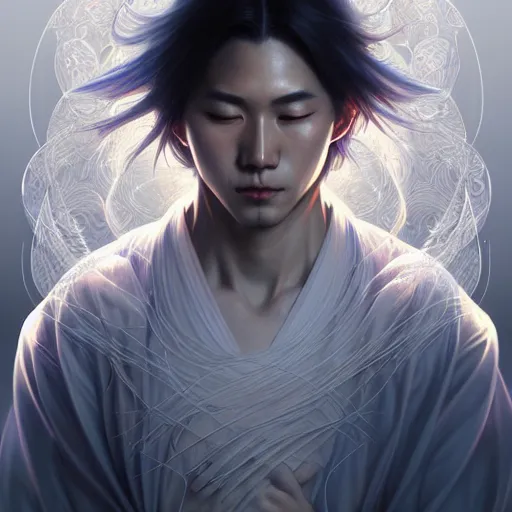 Image similar to ultra realistic illustration, a japanese male digital ghost ninja, transparent, static, intricate, elegant, highly detailed, digital painting, artstation, concept art, smooth, sharp focus, illustration, art by artgerm and greg rutkowski and alphonse mucha