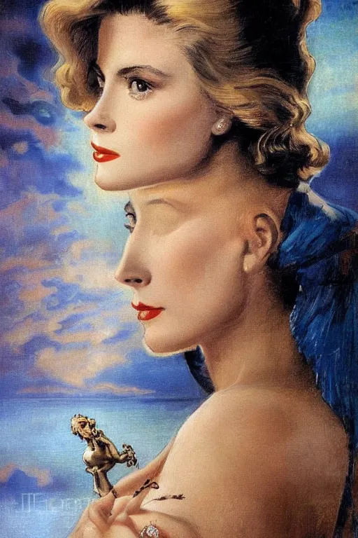Prompt: a young and extremely beautiful grace kelly infected by night by dali in the style of a modern gaston bussiere, art nouveau, art deco, surrealism. anatomically correct. extremely lush detail. melancholic scene infected by night. perfect composition and lighting. sharp focus. high - contrast lush surrealistic photorealism. sultry and mischievous expression on her face.