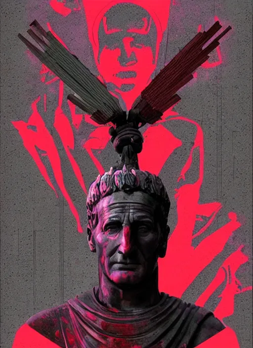 Image similar to design poster showing a statue of julius caesar, black background with very subtle red and purple design elements, powerful, nekro, guido crepax, graphic design, collage art, thin lines, dark, glitch art, neo vaporwave, gritty, layout frame, square, trending on artstation