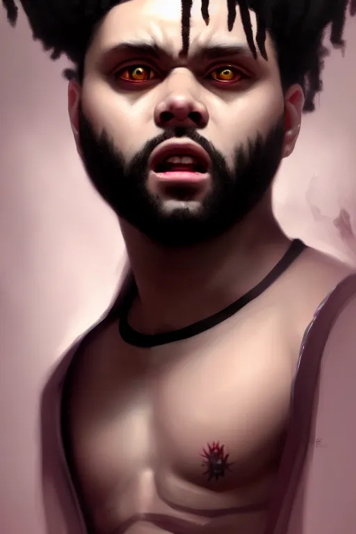 Prompt: a demonic horrific portrait of the weeknd, white eyes, bored, illustration, soft lighting, soft details, painting oil on canvas by edmund blair leighton and charlie bowater octane render, hdr, trending on artstation, 4 k, 8 k, hd